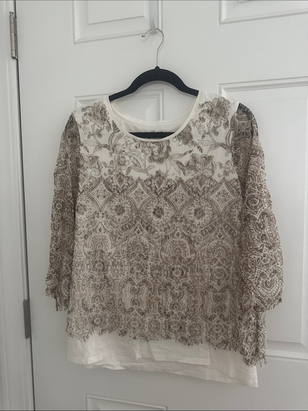 Chico's Cream Blouse with Taupe Lace Overlay